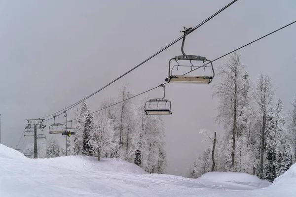 View the ski lift and slopes in the ski resort Krasnaya Polyana, Sochi, Russia.