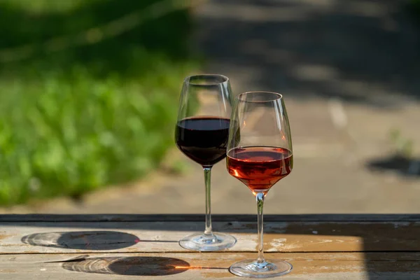 Glasses of red and pink wine with shadows over green garden background,outdoor.