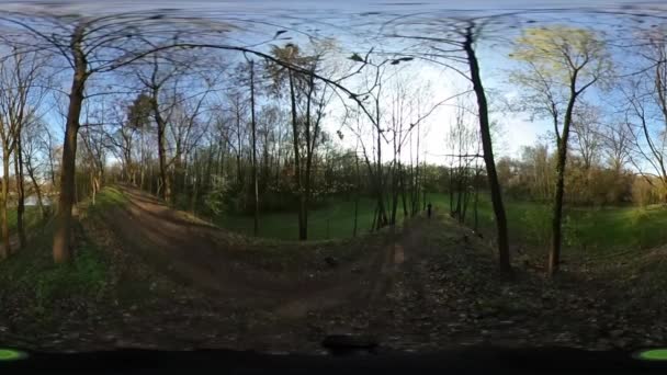 남자 멀리 도보 보도 구형 파노라마 배낭 2 개의로 공원이 나 숲 맨 지점에서 맑은 봄 날 블루로 작은 하늘 행성 비디오 — 비디오