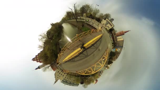 City Traffic People Cars Ona Bridge Spherical Panorama Video Panoramic Stock Footage