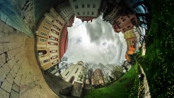 People Walk by Paving Near Church Video 360 vr Panoramic View of Square Opole Poland Old City Square Green Lawns Vintage Buildings Stairs to Cathedral — Stock Video