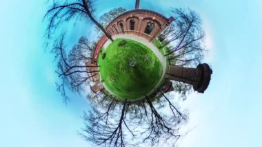 Red Bricks Archs, Tower, Alley in Green Park, Fresh Grass, Green Lawn, vr Video 360, Little Planet Video, Video for Virtual Reality, Time Lapse, It gets Dark in a Park, Bare Branched Trees