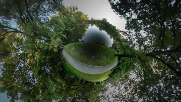 360vr відео Backpacker є ходьба асфальтовані стежка алеї в парку свіжий зелений дерев воді гладка ставок озеро лави річки по дорозі дерев відбиття — стокове відео