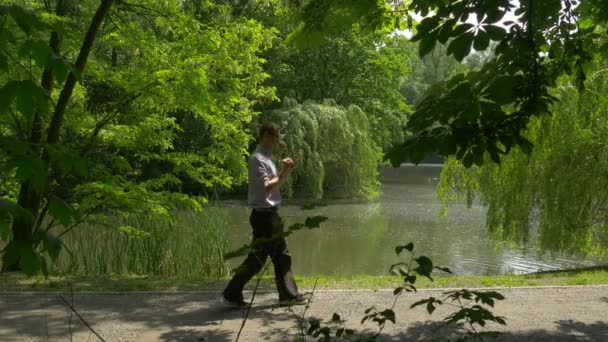 L'uomo che cammina con la compressa nel parco che osserva lo schermo che tiene una compressa virtuale trascorre il tempo alla natura vicino al lago Fiume Alberi verdi freschi Sunny Summer Day — Video Stock