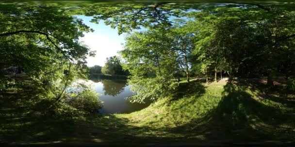 360 vr サンレミバスティオン ビデオ素敵なビューの背水または池市公園球面パノラマ太陽光はオポーレ ポーランドで木の枝公園を通して輝く — ストック動画