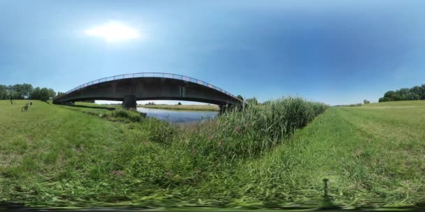 360vr videóinak híd a kis tó mellett alacsony Reed a gömb alakú panoráma a mező vad természet ember tiszta kék ég napos folyó partján — Stock videók