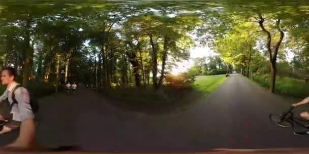 360Vr Video Man está montando una bicicleta filmándose a sí mismo Los deportistas están corriendo Ciclismo por Park Alley Hombre sosteniendo la cámara en un banco de palos Lámparas de calle Árboles verdes — Vídeos de Stock