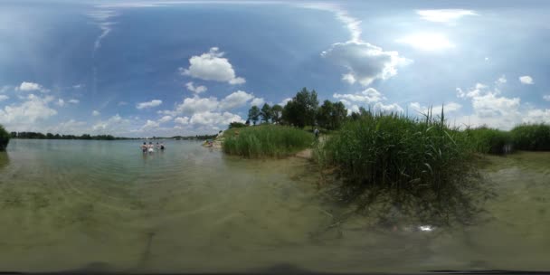 360vr 视频男子下车的水绿色银行海人正在游泳波纹水海岸线海滨岛绿色灌木树夏季阳光明媚的一天 — 图库视频影像