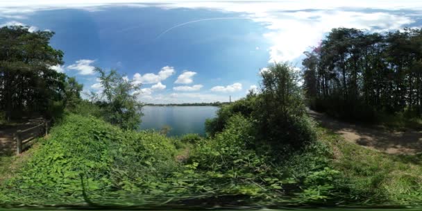 360 vr サンレミバスティオン ビデオ湖公園緑の木々 晴れた日道路フェンスほこりっぽい道の青い空地平線の後ろに水場の木草太陽反射のラインに沿って — ストック動画