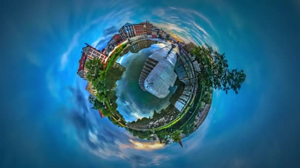 Little Tiny Planet 360 Degree River Flows in City Waterfall in the Distance Smooth Water Colors Are Changing Fast Clouds Are Floating on the Blue Sky — Stock Video