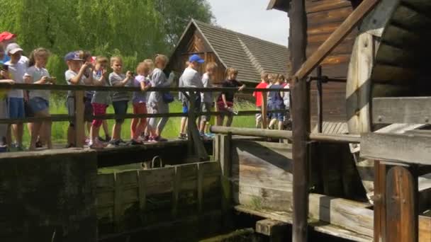 Los niños hacen cola hasta el molino de madera — Vídeo de stock