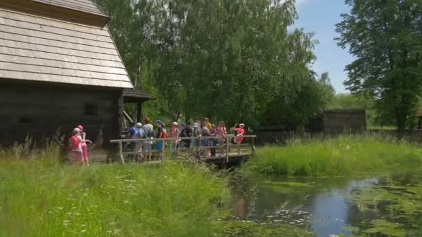 Shildren på en liten träbro — Stockvideo