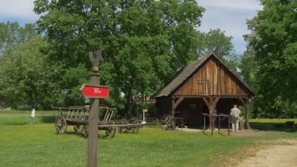 Holzwagen auf einem breiten grünen Rasen in einem Park alter Architektur — Stockvideo