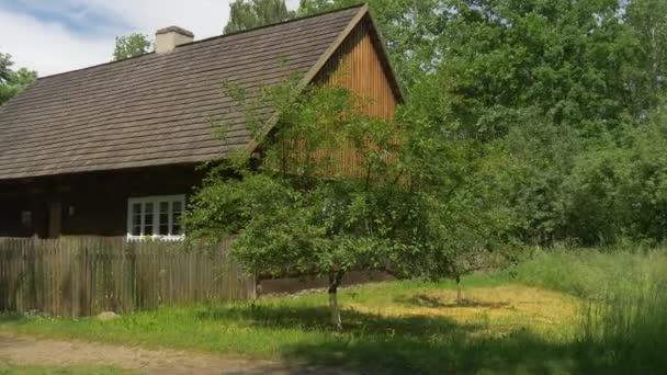 Pequena casa de campo simples nos arredores da floresta — Vídeo de Stock