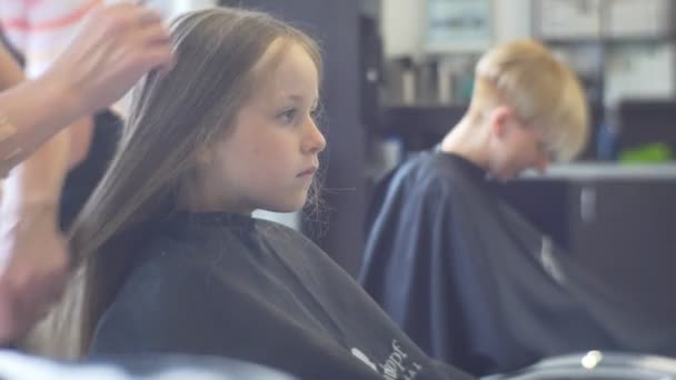 Coiffeur peigne un cheveu de la jeune fille aux cheveux blonds — Video