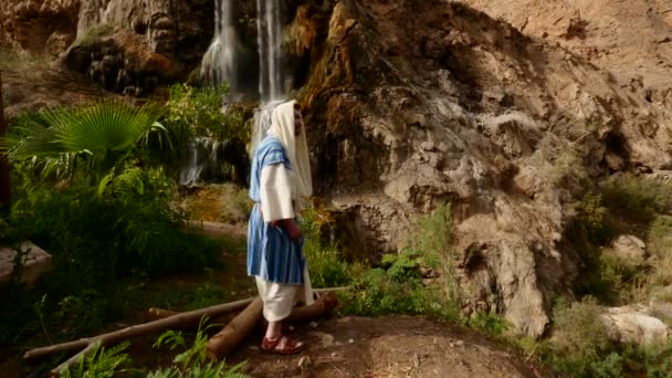 Jude sitzt auf Baumstämmen in der Nähe eines Wasserfalls. — Stockvideo