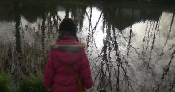 Das Mädchen nähert sich dem Fluss — Stockvideo