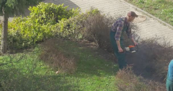 Twee tuinders zijn bezig met het veredelen van stadspark — Stockvideo