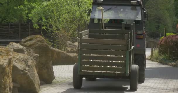 Mini trator transportando feno no zoológico — Vídeo de Stock