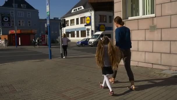 Little Girl Dressed School Uniform Walks School Mother — Stock Video