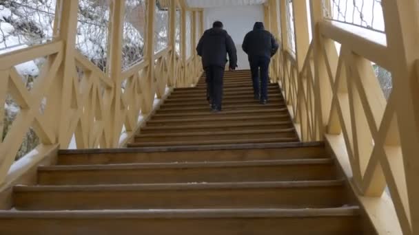 Двоє чоловіків піднімаються сходами . — стокове відео