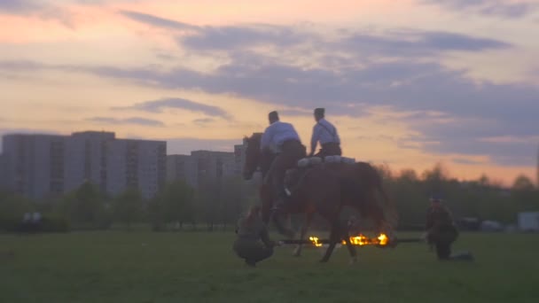 Opole Poland May 2016 Burning Beam Falls Horse Jumping Couples — Stock Video