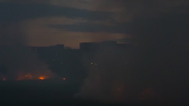 Chmury Dymu Polu Pobliżu Domów Otwarty Obszar Obrzeżach Miasta Pokryty — Wideo stockowe