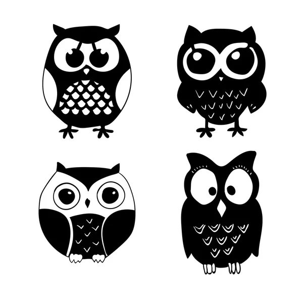  çizgi film baykuş. Siyah ve beyaz. Vektör