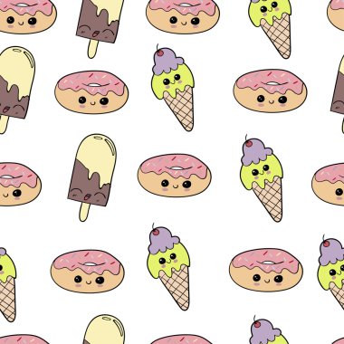 Seamless modeli. Tatlılar. Dondurma, çörek. Çizgi film. Vektör