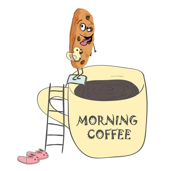 Biscotto divertente vuole nuotare nella tazza di caffè al mattino  . — Vettoriale Stock