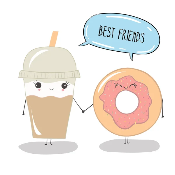 Unny cute coffee cup and donut. Best friends. — Stock Vector