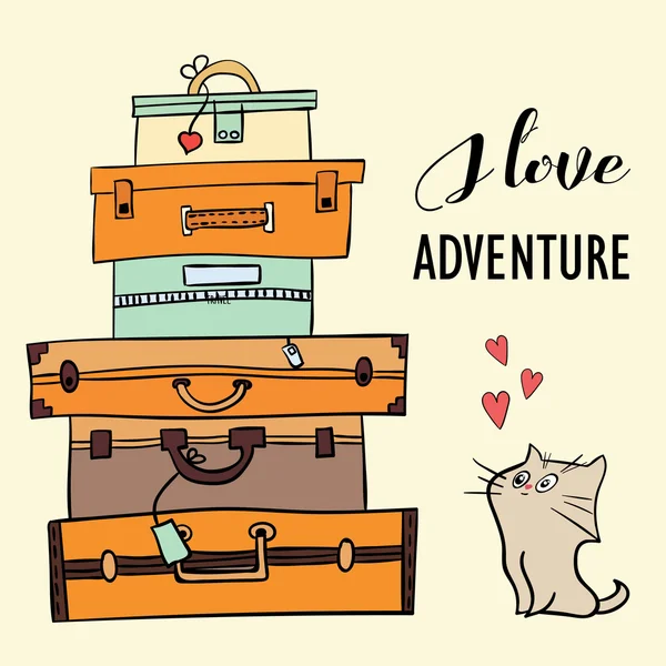 Küçük kedi yavrusu ile bavul yığını. Vektör çizim - macera aşk