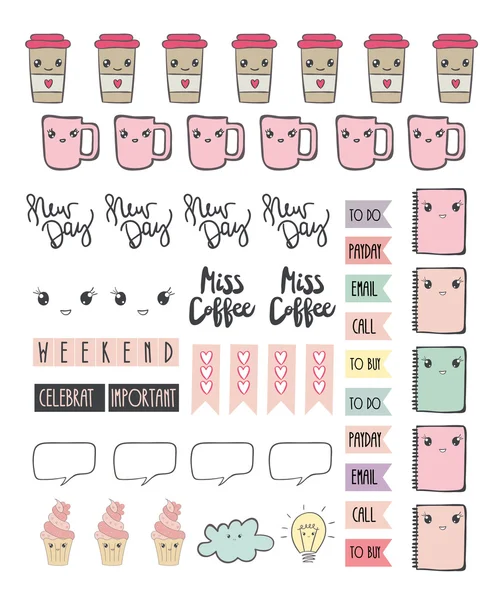 Cute stickers for diary and notes . Vector. Coffee Tea. — Stock Vector