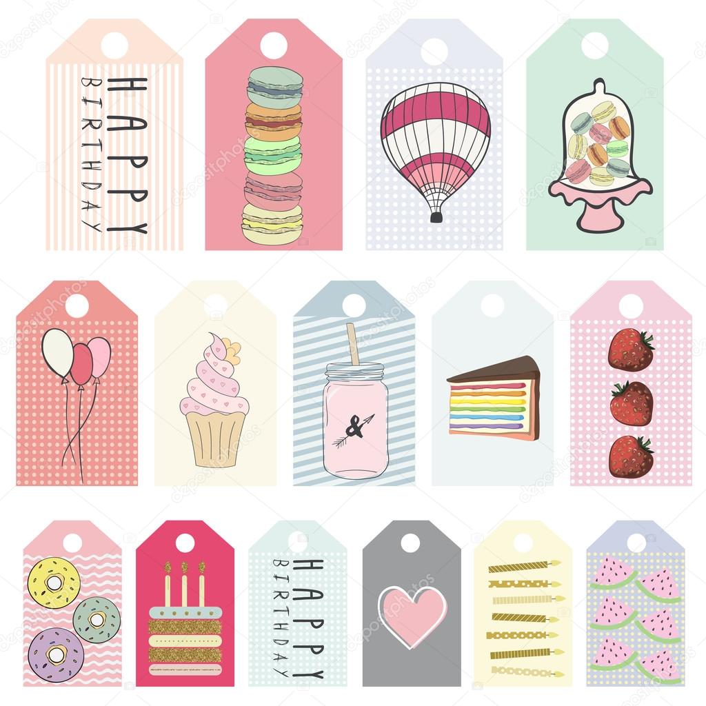 Happy Birthday Printable Cards, Tags and Planner Stickers. Vector