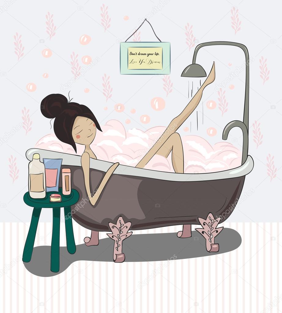 Young woman taking a bath in bathtub, body, beauty, spa, health, lifestyle, relax. Vector illustration
