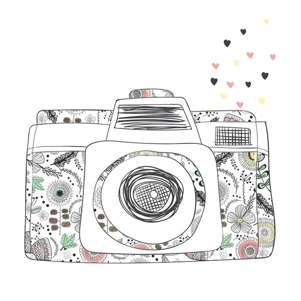 Doodle kroki kamera küçük aşk yürekleri. Çiçek Yazdır. Vektör