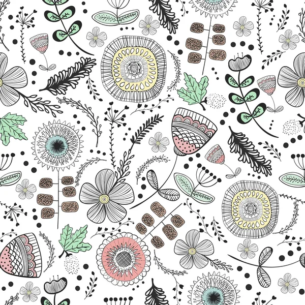Vektör seamless modeli, tasarım doodling. El çizmek çiçekler ve yapraklar. Çocuklar illüstrasyon, şirin arka plan. 