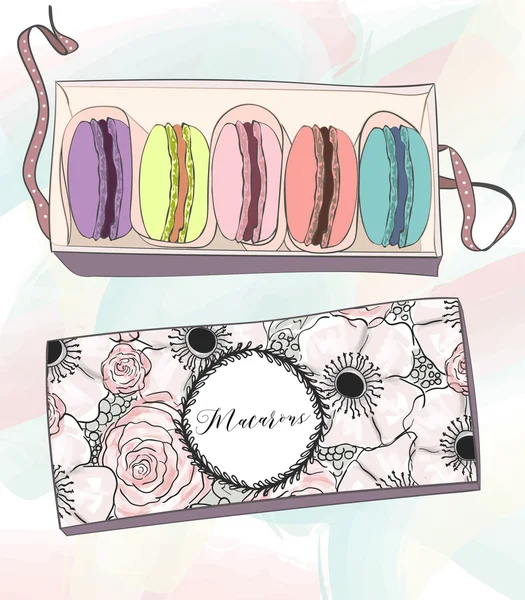 Lezzetli ve tatlı macarons bir kurdele ile güzel bir boksta. Tasarım kutusu çiçekli. Vektör
