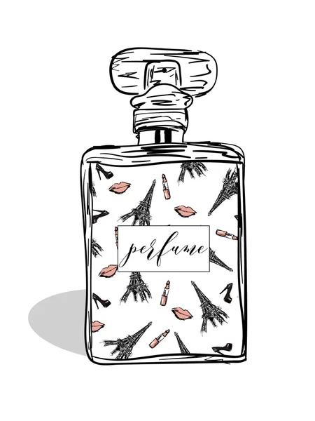 Parfüm şişesi vektör. Trendy çiçeklerle yazdırma. Moda ve stil.
