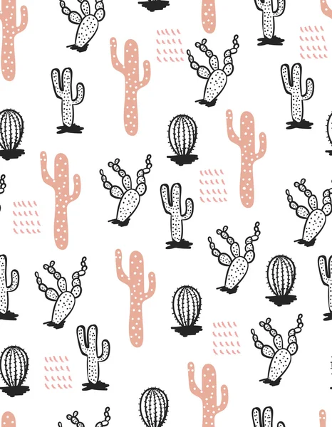 Estampado de moda. Patrón sin costura con cactus. Negro y rosa. Vector — Vector de stock