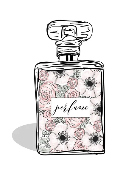 Parfüm şişesi vektör. Trendy çiçeklerle yazdırma. Moda ve stil.