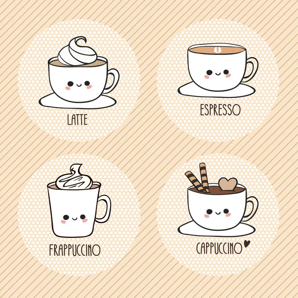 Cute cups of coffee. Latte, espresso, frappuccino, cappuccino. Vector — Stock Vector