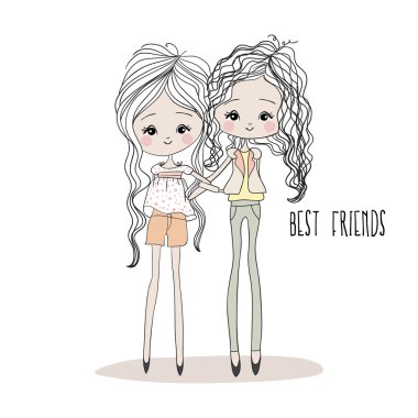 Şirin kızlar. En iyi dostlar. Vektör kartı