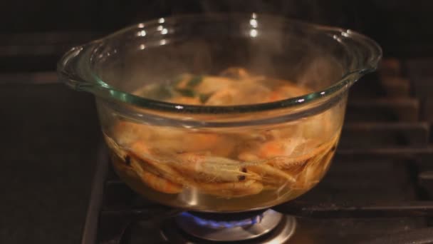 Srimps in transparante glazen pot koken — Stockvideo