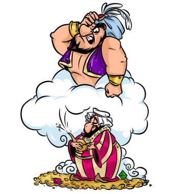 Greedy Aladdin wish lamp magic angry Jin cartoon clipart
