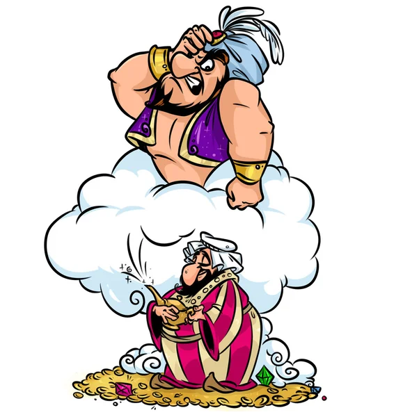 Giriga Aladdin önskar lampa magisk arg Jin cartoon — Stockfoto