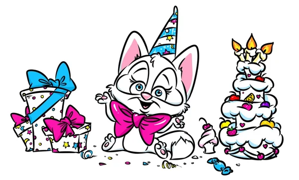 Lindo gato blanco cumpleaños pastel regalos dibujos animados — Foto de Stock