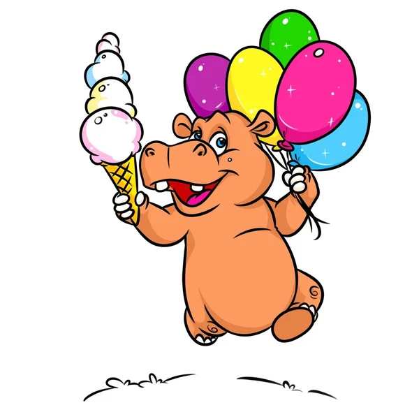 Hipopótamo alegría corriendo globos helados dibujos animados —  Fotos de Stock