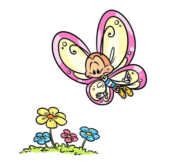 Borboleta voo flor desenhos animados — Fotografia de Stock