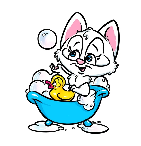 귀여운 고양이 흰 목욕 목욕 만화 — 스톡 사진